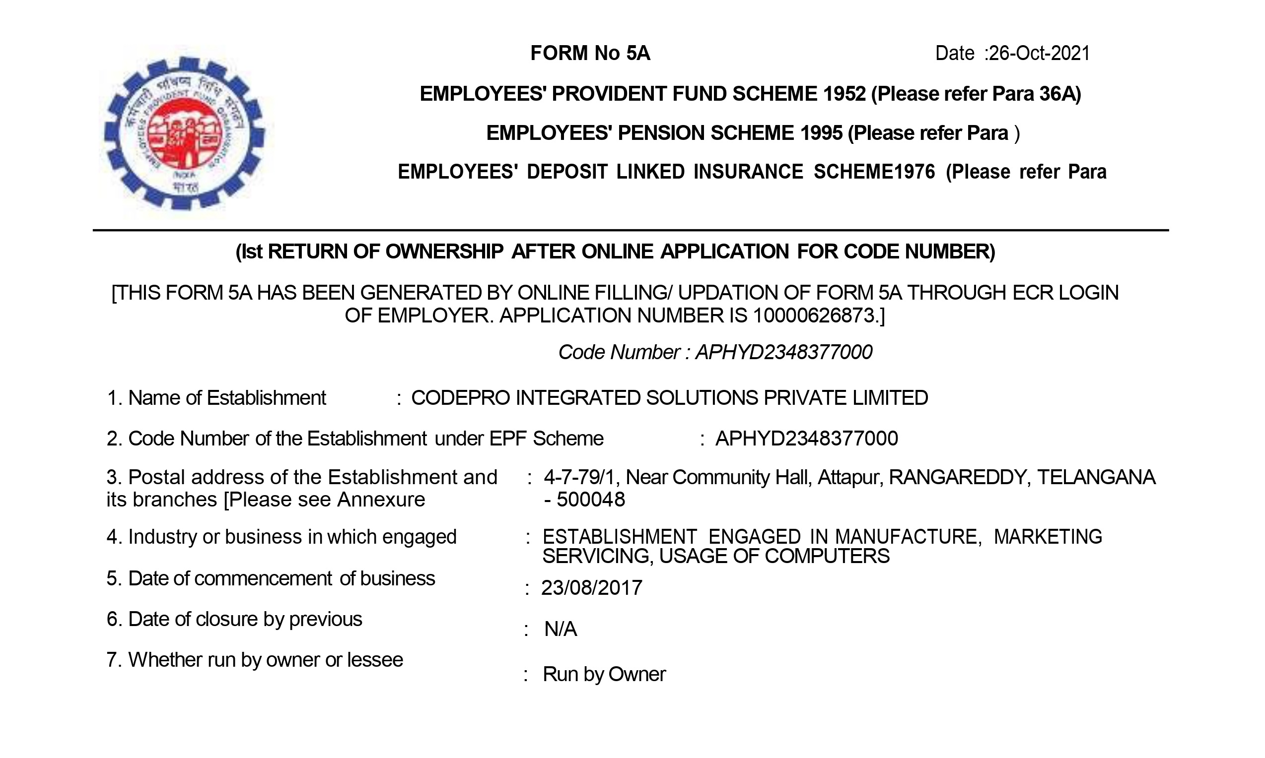 APHYD2348377000 codepro solutions EPF Form 5A image